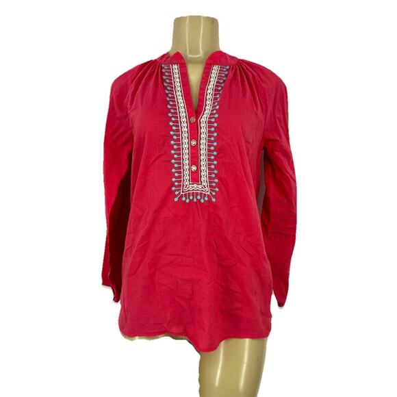 Lilly Pulitzer XS Embroidered Elsa Cotton Long Sleeve Blouse Top Henley Q8v - Picture 1 of 10
